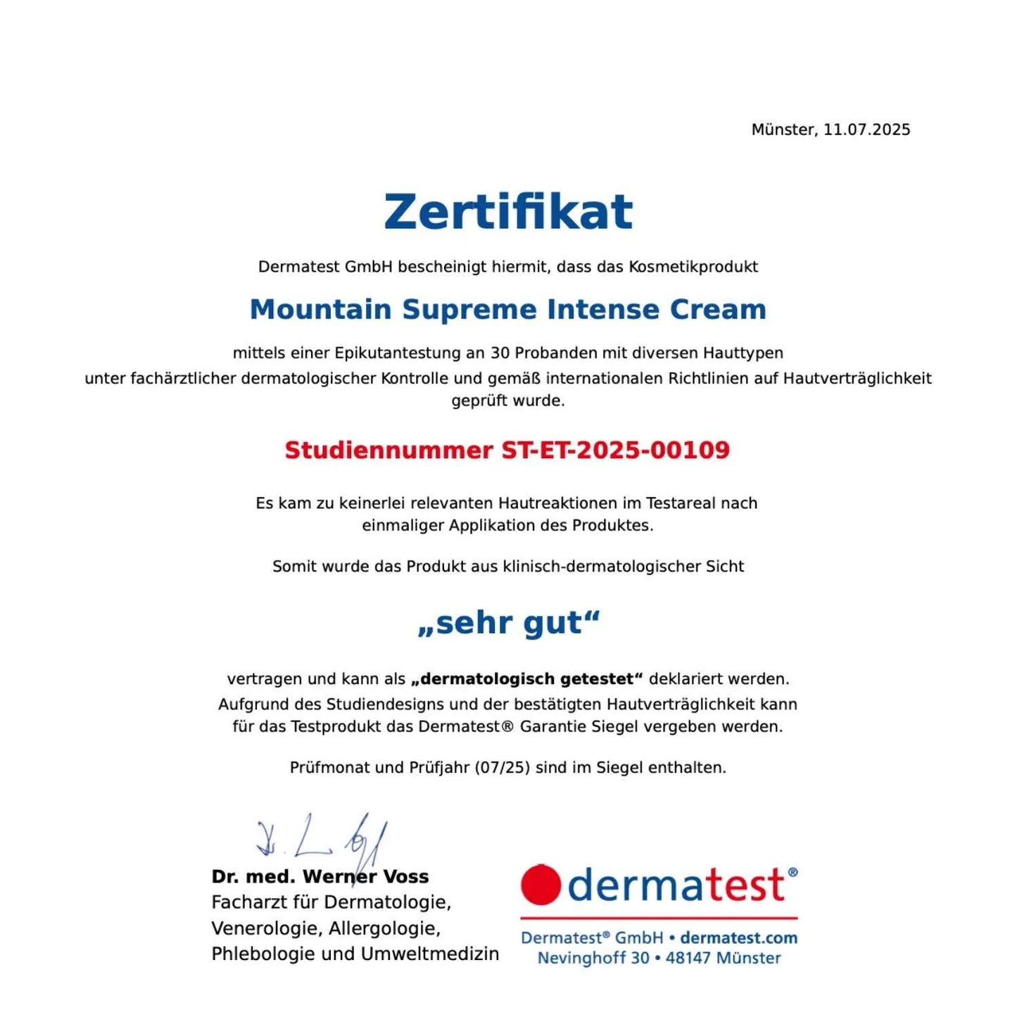 Dermatest-Zertifikat für Mountain Supreme Intense Cream, dermatologisch getestet, Bewertung „sehr gut“, Studiennummer ST-ET-2025-00109