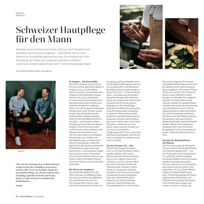 Jungkraut Gründer Andreas und Luca mit Schweizer Hautpflege für Männer im Swiss Wedding Magazin