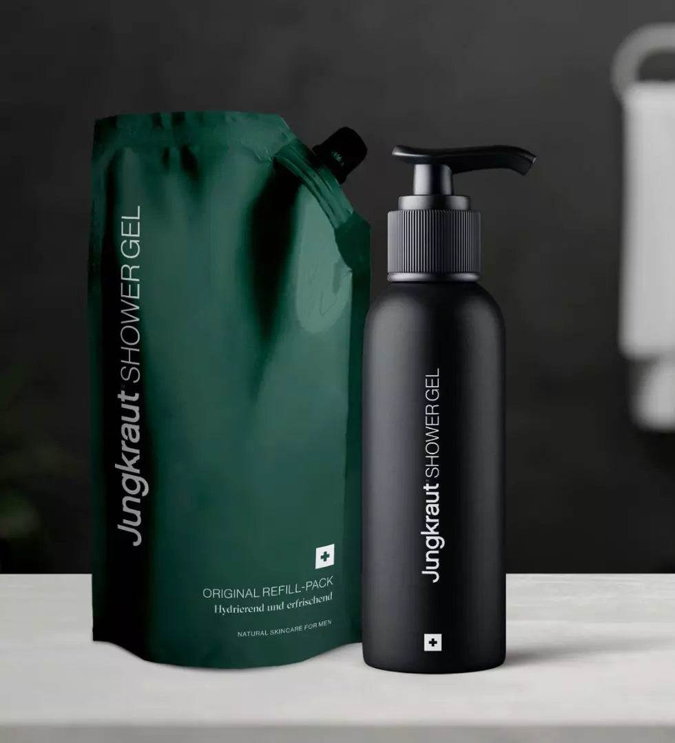 Jungkraut natürliches Refill-Duschgel in nachhaltiger Aluminiumflasche für Kraut-Funding Crowdfunding Kampagne