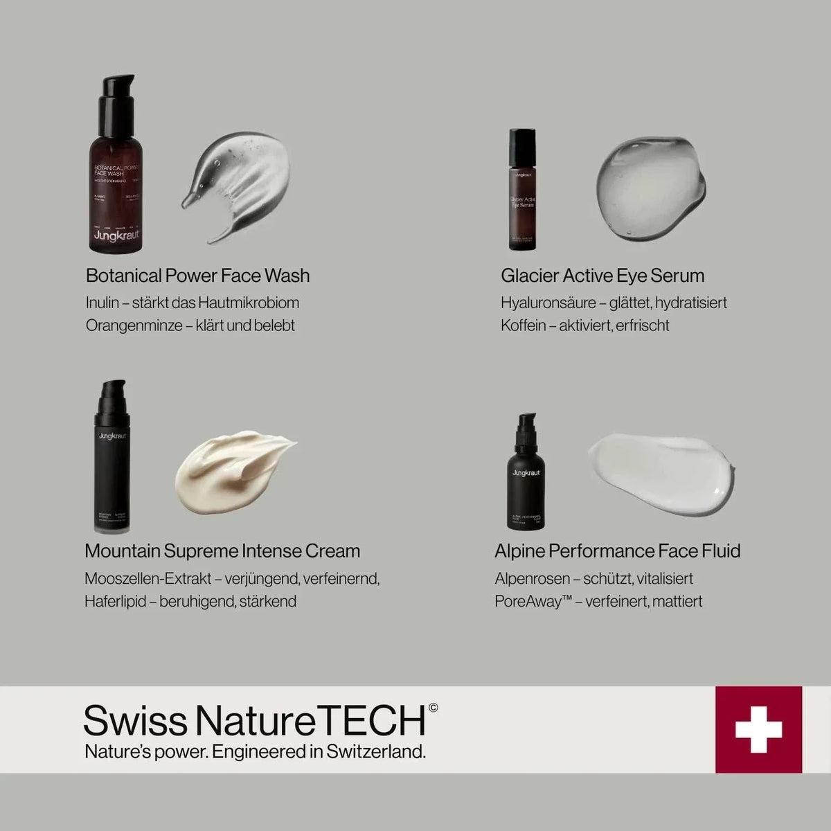 Vier Jungkraut Gesichtspflegeprodukte mit ausgewählten Wirkstoffen.