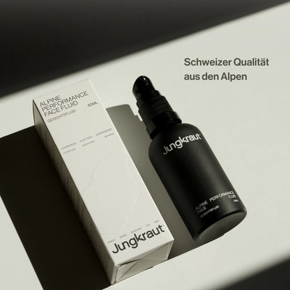 Jungkraut Alpine Performance Face Fluid in eleganter schwarzer Flasche neben der passenden weißen Verpackung, auf einer hellen Fläche im Sonnenlicht arrangiert. Rechts steht der Text „Schweizer Qualität aus den Alpen“. Das Bild vermittelt Premiumqualität, Präzision und Natürlichkeit – inspiriert von alpiner Hautpflegekompetenz.